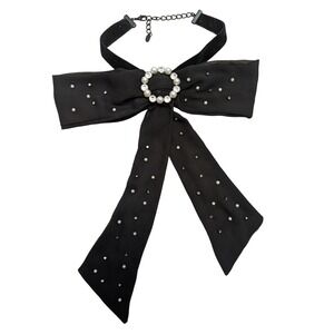 Zara Black Velvet Choker Bow Necklace Rhinestone Pearls Statement Jewelry Y2K‎